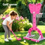 Keezi 3-in-1 Kids Basketball Hoop Soccer Goal Golf Game Set with Balls Pink - Image 7