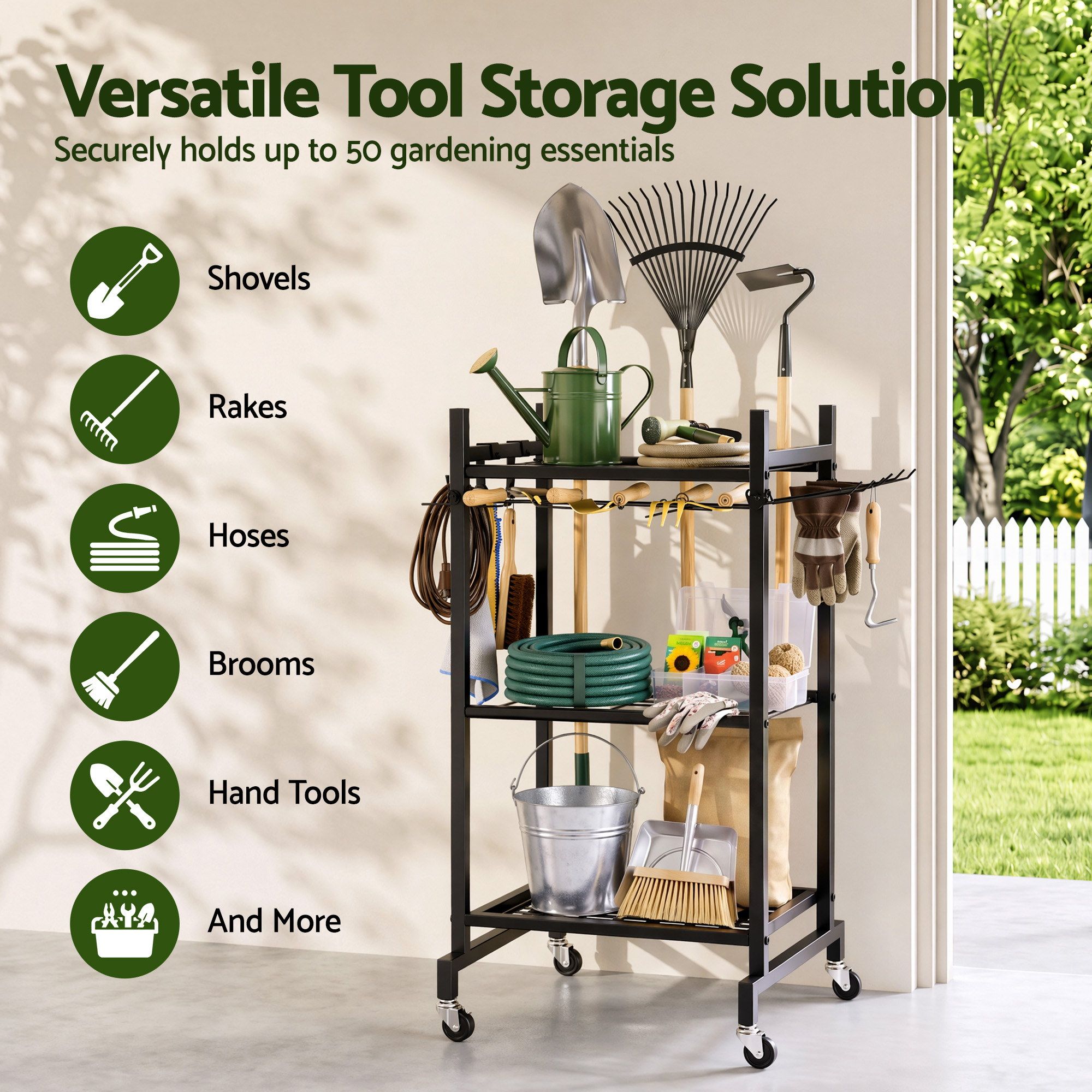 GTO-3T-BK-00 Gardeon Garden Tool Organizer with Wheels Heavy Duty Garage Yard Storage Cart - Image 1