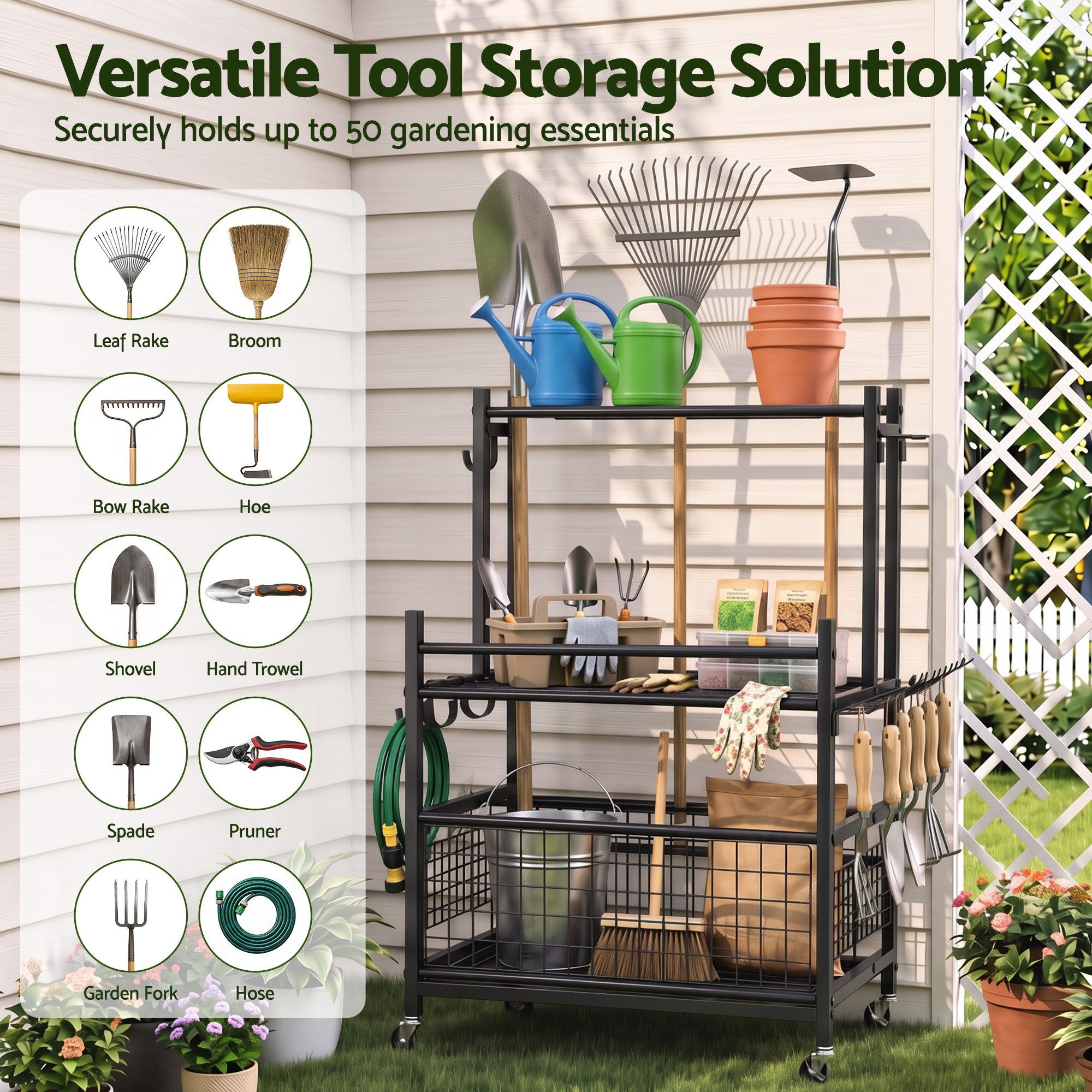 GTO-ROLL-3T-BK-00 Gardeon Garden Tool Organizer Rack 16 Slots Rolling Garage Storage with Hooks - Image 1