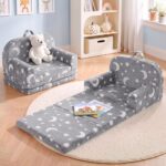 Keezi Kids 2-in-1 Fold Out Sofa Bed with Removable Washable Cover, Carry Handle, Storage Pocket, Glow in the Dark, Grey - Image 11