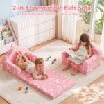 Keezi Kids 2-in-1 Fold Out Sofa Bed with Removable Washable Cover, Carry Handle, Storage Pocket, Glow in the Dark, Pink - Image 4