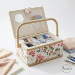 Sewing Basket with Removable Tray, Pin Cushion and Floral Fabric Organizer for Craft Supplies