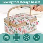 Sewing Basket with Removable Tray, Pin Cushion and Floral Fabric Organizer for Craft Supplies - Image 4