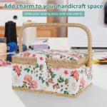 Sewing Basket with Removable Tray, Pin Cushion and Floral Fabric Organizer for Craft Supplies - Image 5