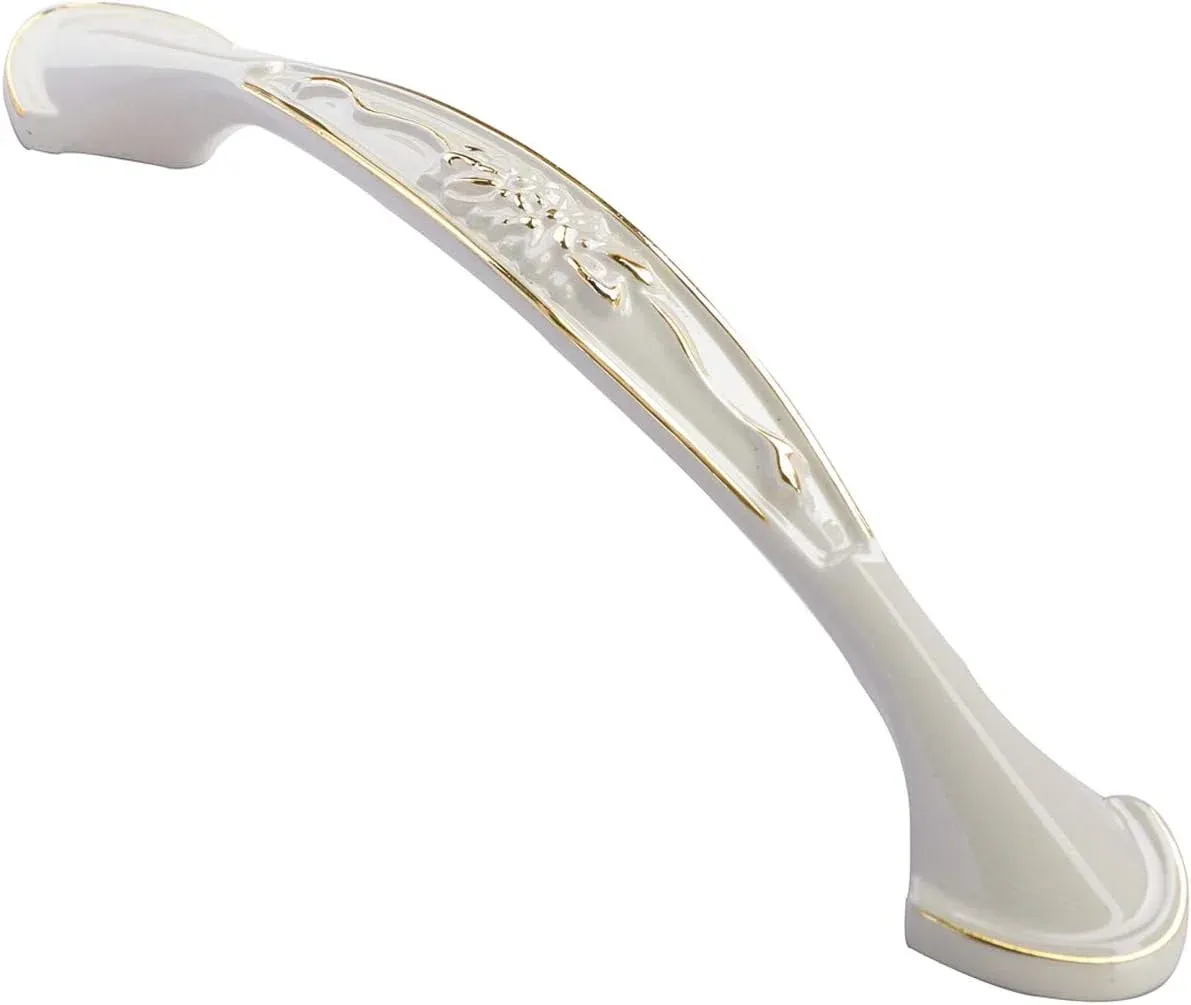 V1188-MS-721-301-00 3 Pack Floral Cabinet Pull Handles, Solid Zinc Alloy Hardware, 5.04 In Hole Distance, Gold Ivory - Image 1