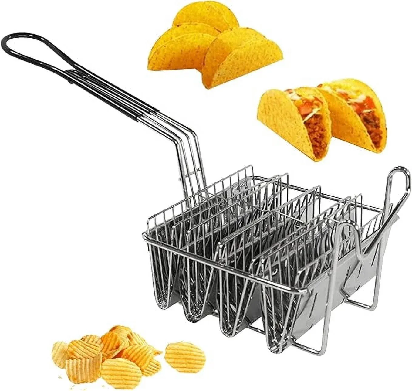 V1188-MS-721-309-00 Stainless Steel Taco Shell Fryer Basket, 4 Shell Tortilla Fry Rack with Detachable Handle - Image 1
