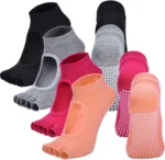4 Pairs Women's Toeless Yoga Socks, Cotton Non Slip Grip 5 Toe Socks for Pilates Barre, One Size