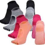 4 Pairs Women's Toeless Yoga Socks, Cotton Non Slip Grip 5 Toe Socks for Pilates Barre, One Size