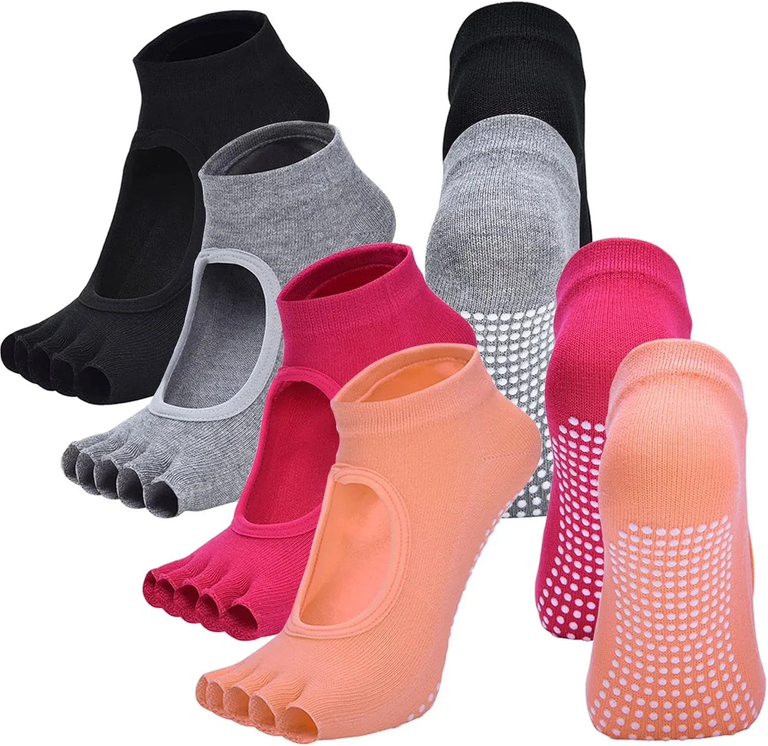 V1188-MS-721-311-00 4 Pairs Women's Toeless Yoga Socks, Cotton Non Slip Grip 5 Toe Socks for Pilates Barre, One Size - Image 1