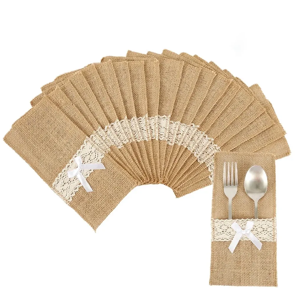 V1188-MS-721-313-00 20 Pack Burlap Cutlery Holders, Jute Utensil Pouches with White Lace for Wedding Table - Image 1