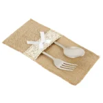 20 Pack Burlap Cutlery Holders, Jute Utensil Pouches with White Lace for Wedding Table - Image 2