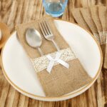 20 Pack Burlap Cutlery Holders, Jute Utensil Pouches with White Lace for Wedding Table - Image 6