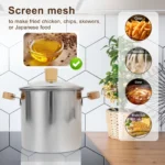 Stainless Steel Deep Fryer Pot, 4000ml Tempura Pot with Strainer Basket Wood Handles for Fried Food - Image 3