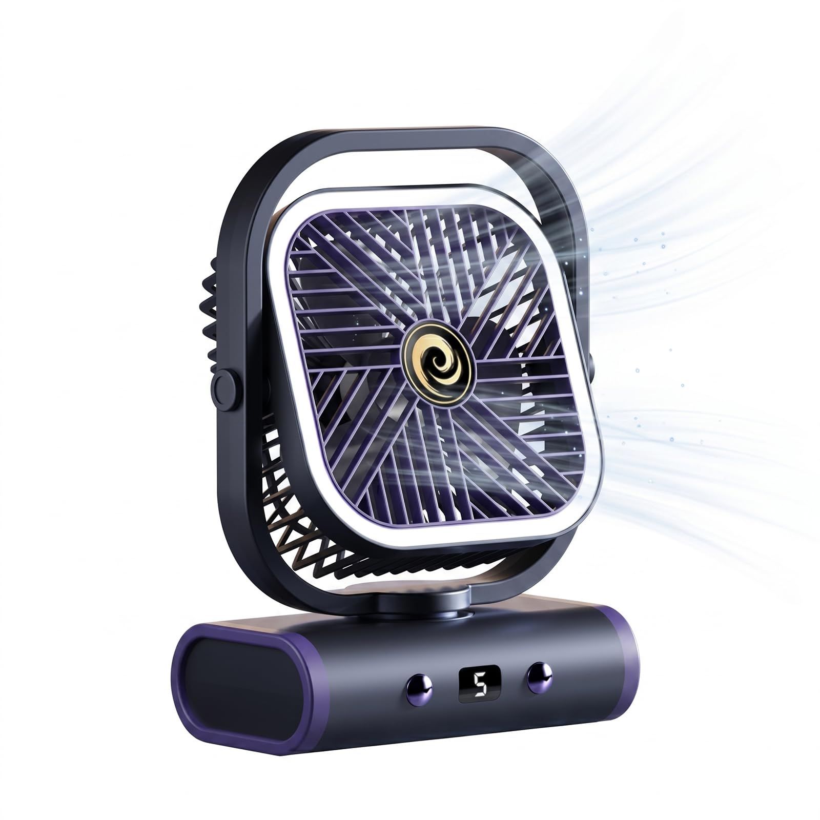 V1197-JD-071704-00 Grey USB Desk Fan with 2400mAh Rechargeable Battery, 5 Speeds Quiet Table Fan, 90° Oscillation, Small Desktop Fan with Night Light - Image 1