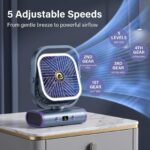 Grey USB Desk Fan with 2400mAh Rechargeable Battery, 5 Speeds Quiet Table Fan, 90° Oscillation, Small Desktop Fan with Night Light - Image 3