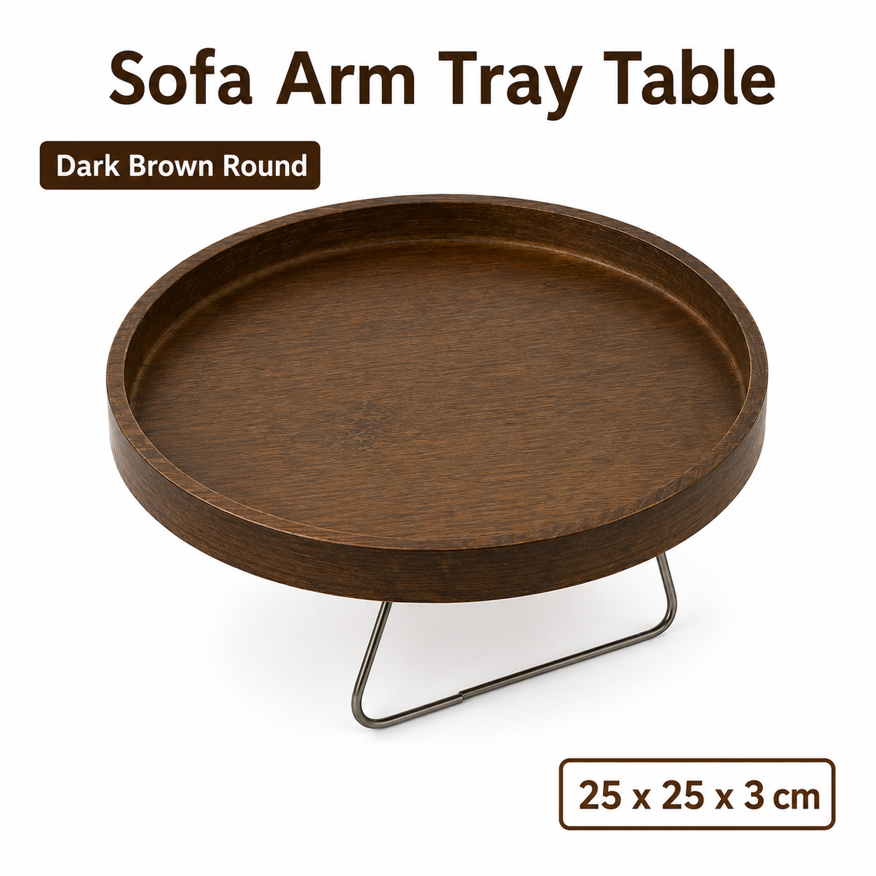 V1197-JJ-071706-00 Bamboo Sofa Arm Tray Table for Couch Armrests, Space-Saving TV Dinner, Drink, Snack and Remote Holder, Dark Brown Round, 9.8 x 1.2 Inch - Image 1