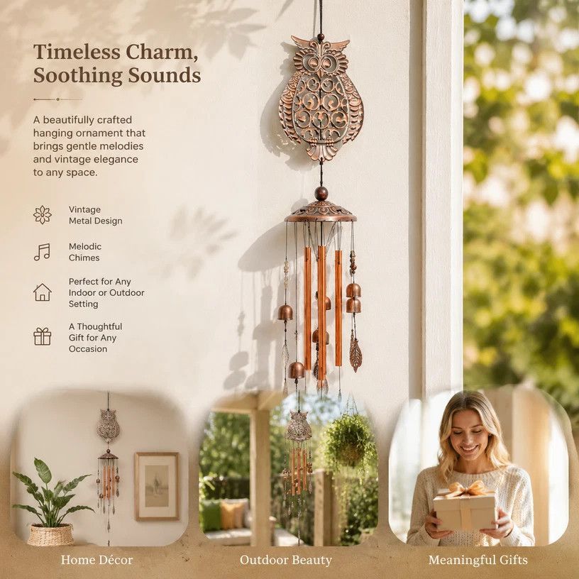 V1221-XM-LB2509-GM94-00 Antique Hollow Metal Owl Wind Chime, Iron Craft Wind Bell Pendant For Yard Balcony, Ideal Outdoor Decor Gift - Image 1