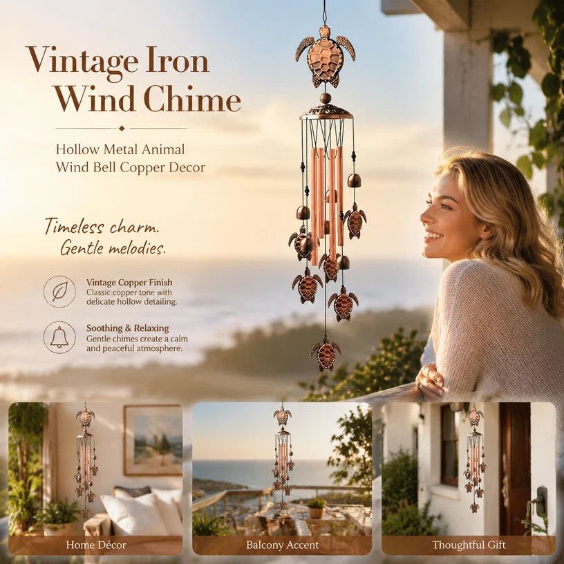 V1221-XM-LB2511-GM94-00 Retro Hollow Metal Tortoise Wind Bell, Iron Wind Chime Hanging Decor For Balcony Garden, Thoughtful New Home Gift - Image 1