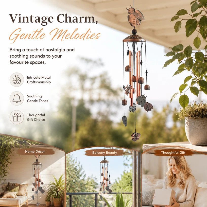 V1221-XM-LB2512-GM94-00 Antique Iron Ladybug Wind Spinner Chime, Hollow Copper Hanging Bell Ornament For Yard, Beautiful Patio Present - Image 1
