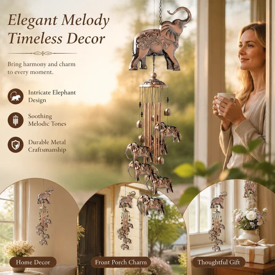 V1221-XM-LB2515-GM94-00 Antique Hollow Metal Elephant Wind Chime, Iron Craft Wind Bell Hanging Decor For Patio, Charming Outdoor Present - Image 1
