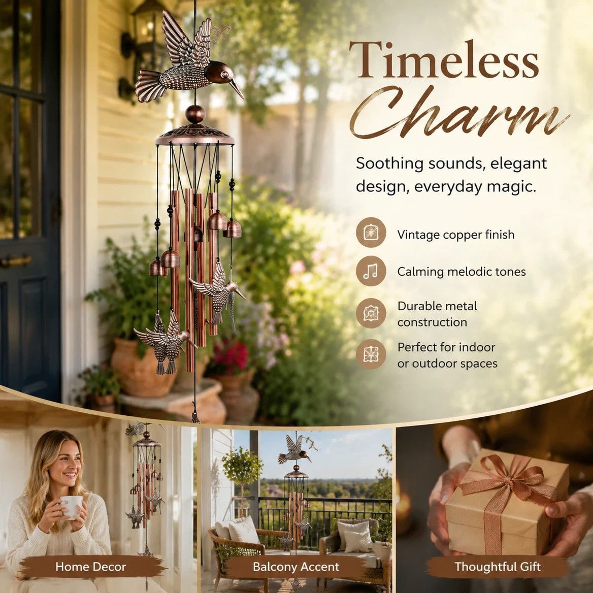 V1221-XM-LB2518-GM94-00 Antique Iron Hummingbird Wind Spinner Chime, Hollow Copper Bell Hanging Decor For Outdoor Balcony, Delicate Patio Present - Image 1