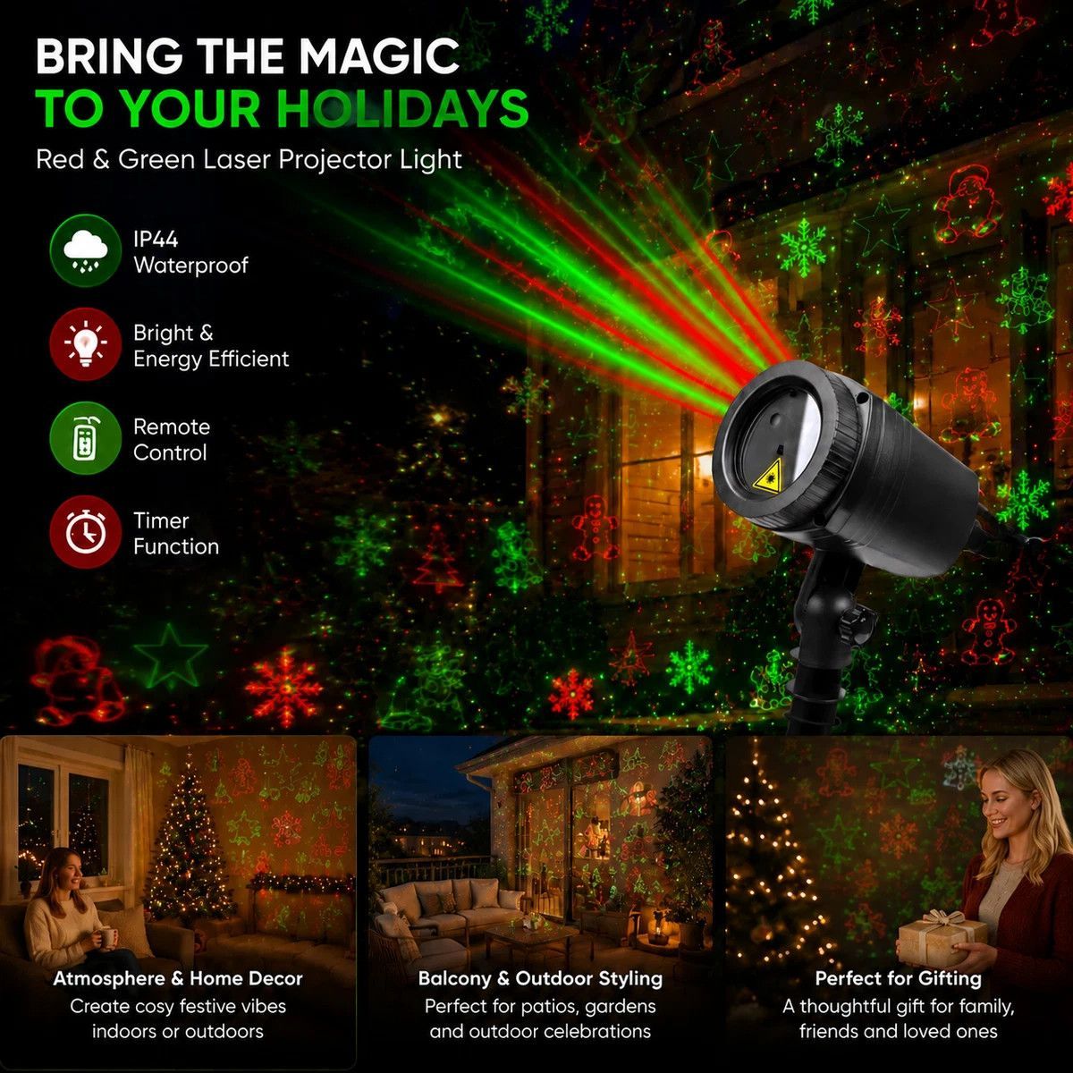V1221-XM-LB2522-GM95-00 Outdoor Waterproof Red Green Laser Projector Light, Multi Pattern Christmas Halloween Yard Lamp, Nice Holiday Gift - Image 1