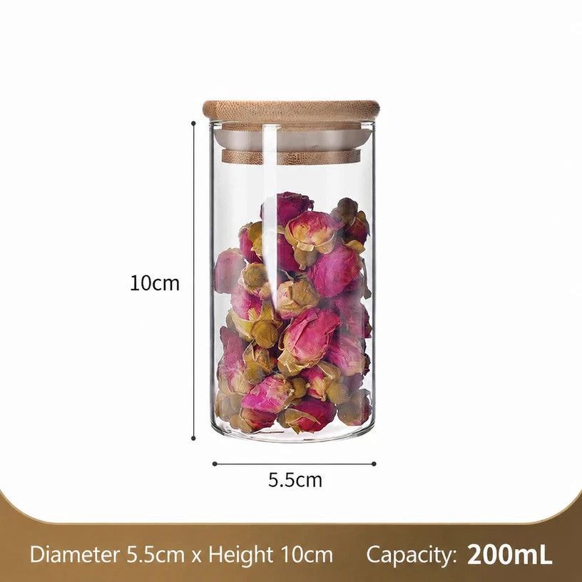 V1221-XM-LB2638-GM103-00 Kitchen Transparent Sealed Glass Jar With Bamboo Lid, Airtight Food Storage Container, 5.5cm*10cm, 200ml, Ideal Daily Kitchen Gift - Image 1