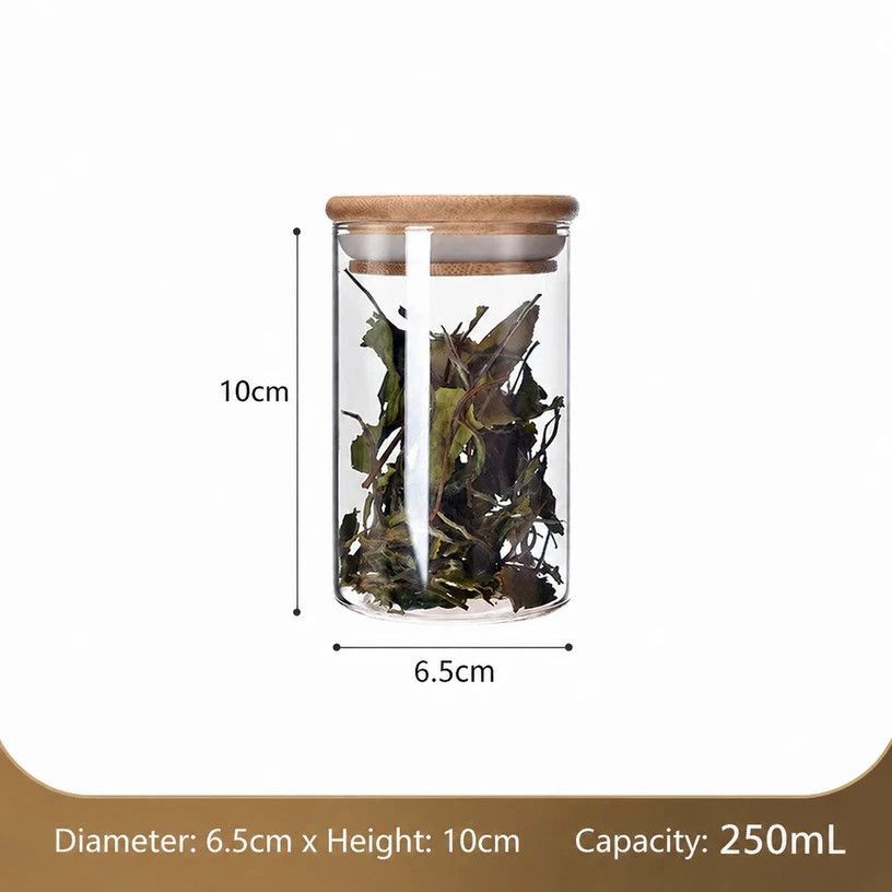 V1221-XM-LB2641-GM103-00 Clear Sealed Glass Storage Jar With Bamboo Lid, Kitchen Organizer For Dry Food, 6.5cm*10cm, 250ml, Thoughtful Household Present - Image 1