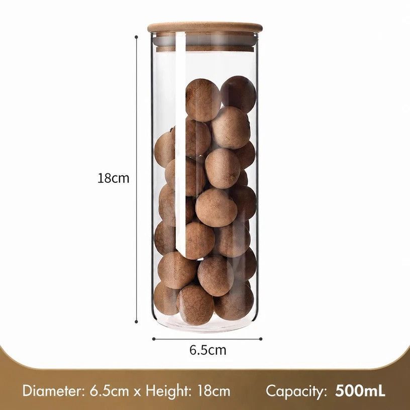 V1221-XM-LB2644-GM103-00 Natural Bamboo Lid Glass Storage Canister, Airtight Moisture Resistant Kitchen Jar, 6.5cm*18cm, 500ml, Practical Family Kitchen Gift - Image 1