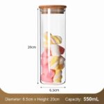 Clear Airtight Glass Jar For Dry Ingredients, Bamboo Cover Food Storage Container, 6.5cm*20cm, 550ml, Lovely Housewarming Gift