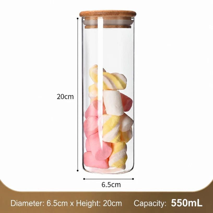 V1221-XM-LB2645-GM103-00 Clear Airtight Glass Jar For Dry Ingredients, Bamboo Cover Food Storage Container, 6.5cm*20cm, 550ml, Lovely Housewarming Gift - Image 1
