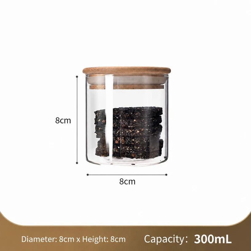 V1221-XM-LB2646-GM103-00 Food Grade Clear Glass Canister, Airtight Bamboo Lid Kitchen Storage Jar, 8cm*8cm, 300ml, Versatile Kitchen Organizer Gift - Image 1