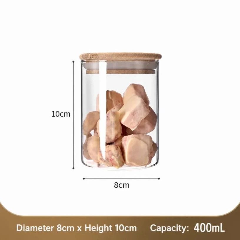 V1221-XM-LB2647-GM103-00 Sealed Glass Food Storage Jar With Bamboo Lid, Moisture Proof Kitchen Container, 8cm*10cm, 400ml, Nice Daily Home Gift - Image 1