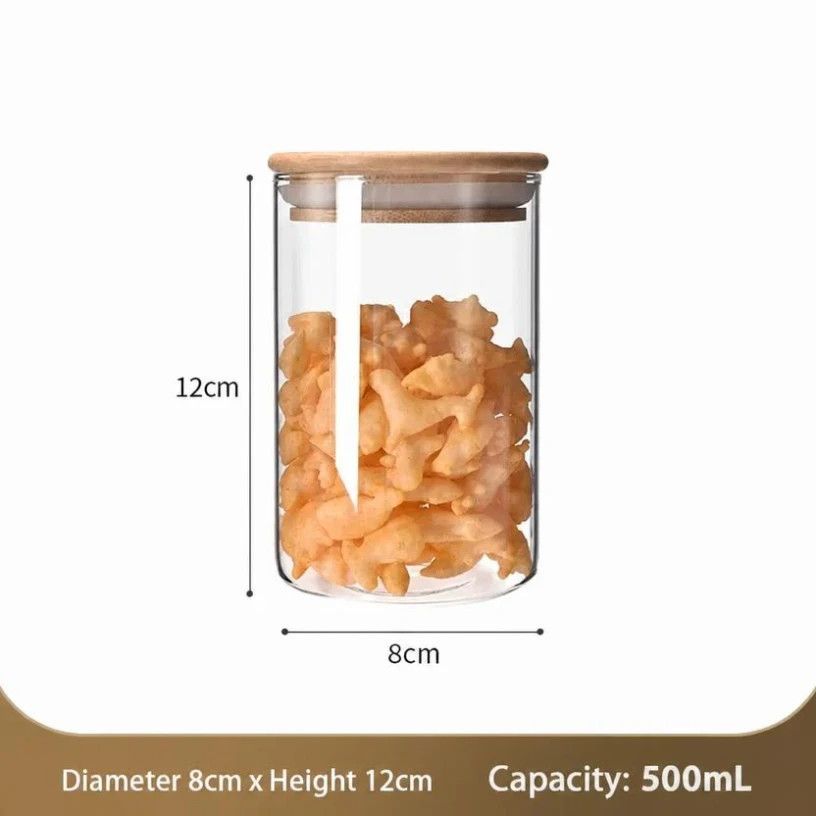 V1221-XM-LB2648-GM103-00 Airtight Transparent Glass Canister, Bamboo Lid Kitchen Ingredient Storage Jar, 8cm*12cm, 500ml, Elegant Kitchen Gift - Image 1