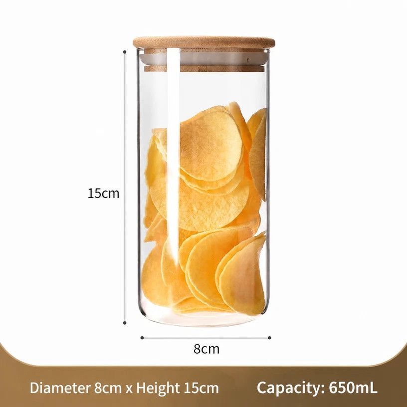 V1221-XM-LB2649-GM103-00 Clear Glass Moisture Proof Storage Jar, Food Safe Canister With Bamboo Cover, 8cm*15cm, 650ml, Great New House Gift - Image 1