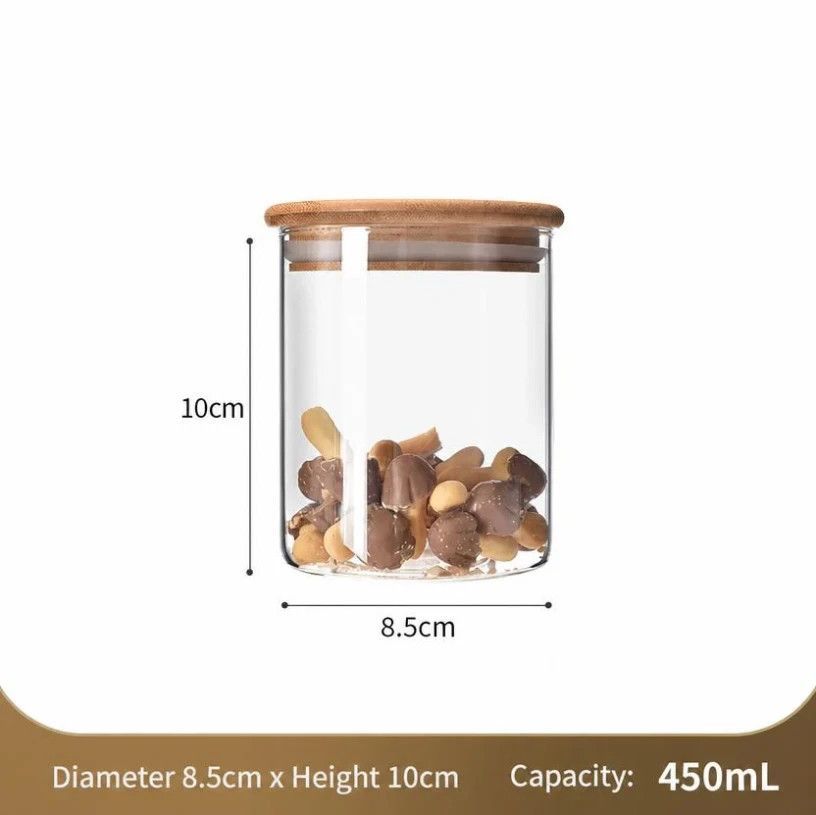 V1221-XM-LB2652-GM103-00 Transparent Airtight Glass Canister With Bamboo Lid, Kitchen Moisture Resistant Storage Jar, 8.5cm*10cm, 450ml, Wonderful Kitchen Gift - Image 1