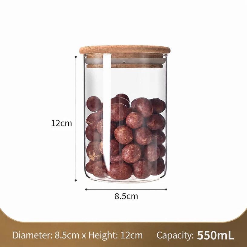 V1221-XM-LB2653-GM103-00 Clear Glass Food Storage Container, Sealed Bamboo Lid Kitchen Canister, 8.5cm*12cm, 550ml, Ideal Housewarming Present - Image 1