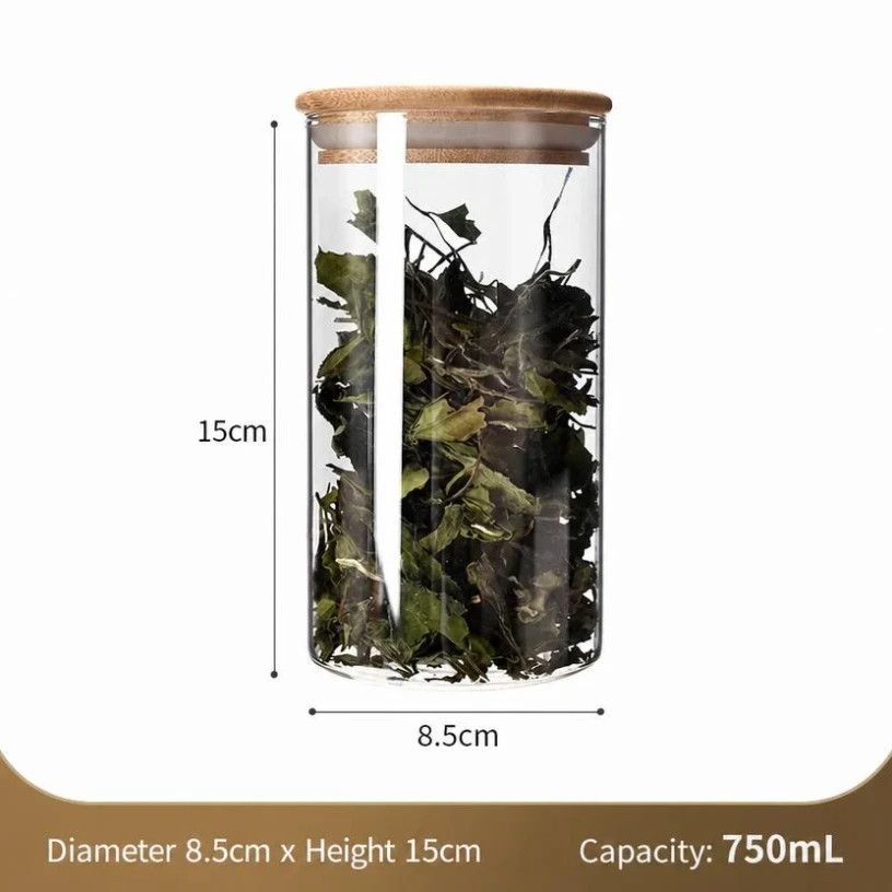 V1221-XM-LB2654-GM103-00 Airtight Glass Ingredient Jar, Food Safe Canister With Natural Bamboo Cover, 8.5cm*15cm, 750ml, Premium Home Kitchen Gift - Image 1