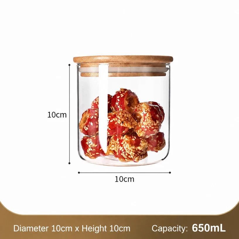 V1221-XM-LB2657-GM103-00 Food Grade Clear Glass Canister With Bamboo Lid, Sealed Moisture Resistant Kitchen Jar, 10cm*10cm, 650ml, Versatile Household Gift - Image 1