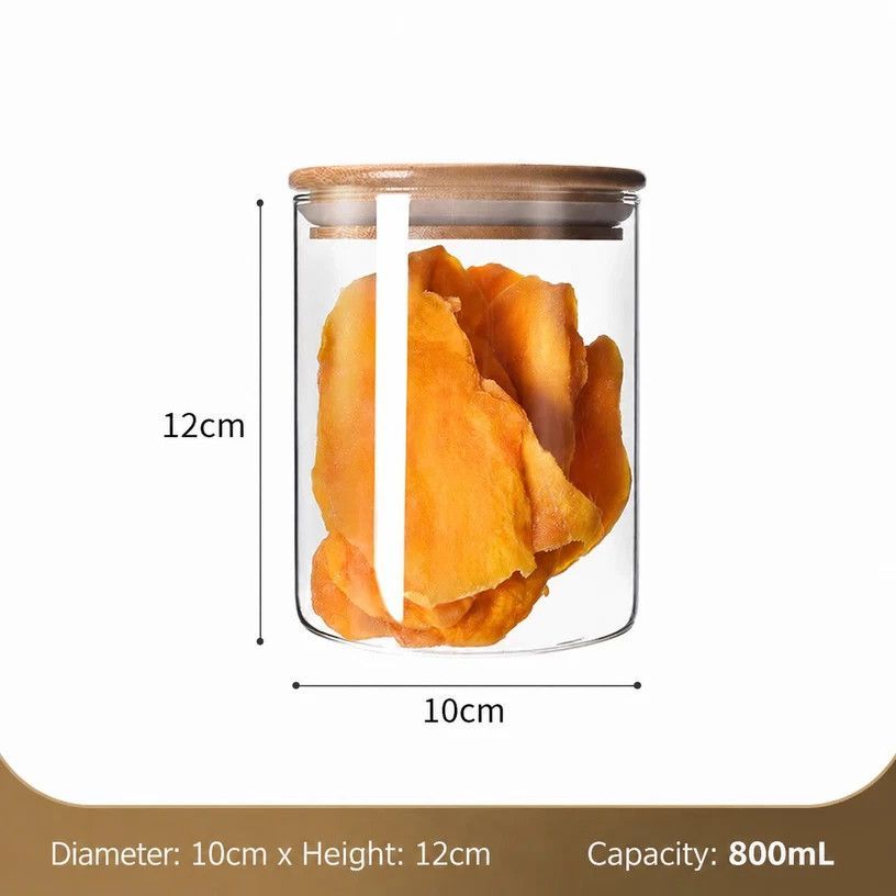 V1221-XM-LB2658-GM103-00 Transparent Sealed Glass Storage Jar, Natural Bamboo Lid Kitchen Food Canister, 10cm*12cm, 800ml, Elegant New Home Gift - Image 1