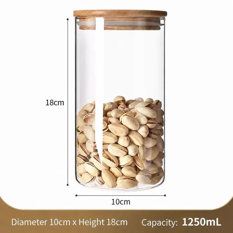 V1221-XM-LB2660-GM103-00 Clear Moisture Proof Glass Storage Jar, Food Safe Canister With Bamboo Cover, 10cm*18cm, 1250ml, Great Housewarming Accessory Gift - Image 1