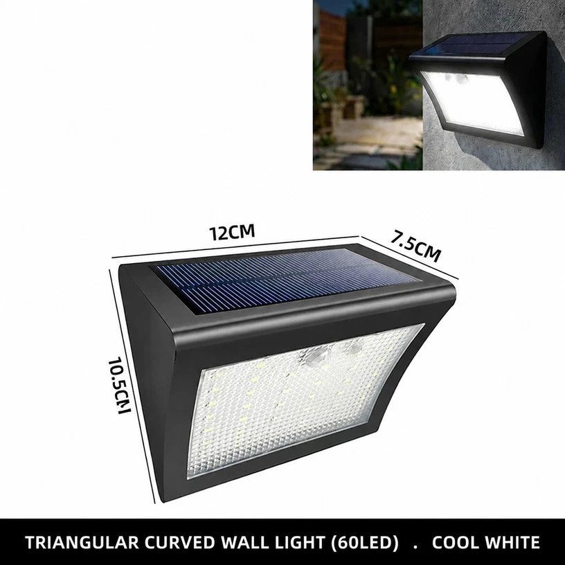 V1221-XM-LB2665-GM104-00 Outdoor Solar Powered Wall Lamp, Triangular Curved Surface With 60 LED, Motion Sensor Waterproof Garden Light, Stylish Patio Accessory Gift - Image 1