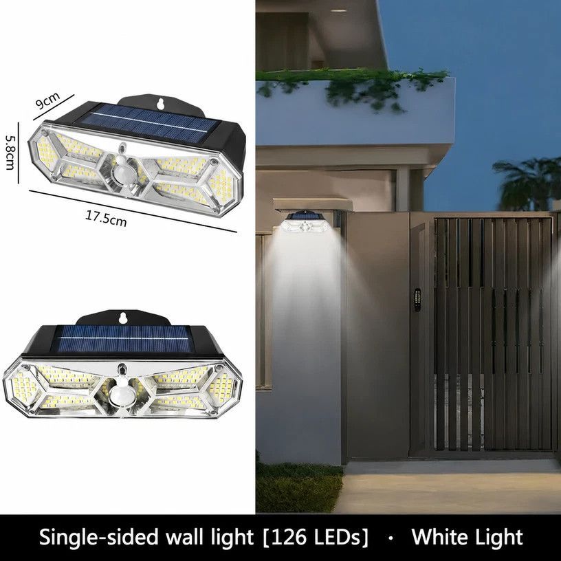 V1221-XM-LB2670-GM104-00 Solar Motion Sensor Wall Lamp, Single Side 126 LED, IP Waterproof Outdoor Light For Garden, Durable Backyard Decor Gift - Image 1