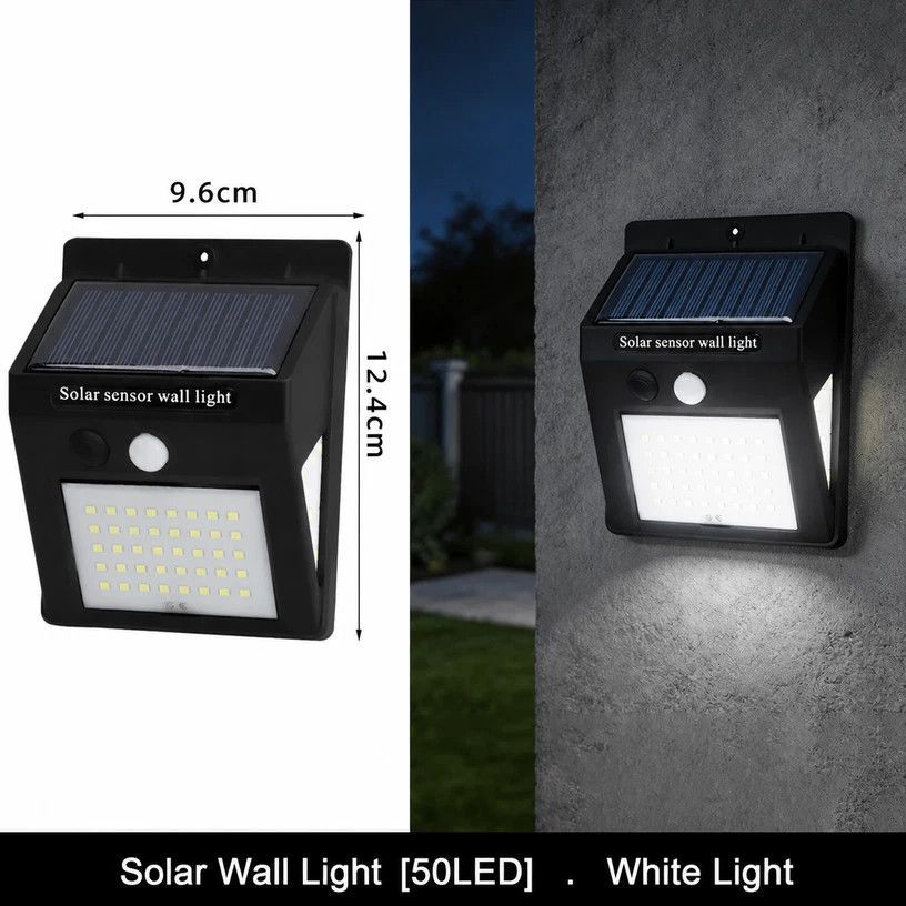 V1221-XM-LB2673-GM104-00 Solar Powered 3-Sided Wall Light, 50 LED, Motion Activated Waterproof Lamp, Great For Villa Courtyard, Holiday Decor Gift - Image 1