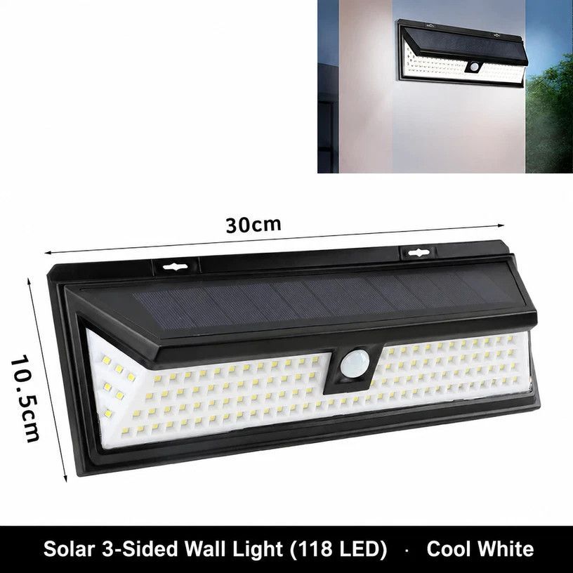 V1221-XM-LB2676-GM104-00 Solar LED 3-Sided Wall Lamp, 118 LED, Motion Sensor Waterproof Outdoor Lighting, Beautiful Garden Night Decor Gift - Image 1