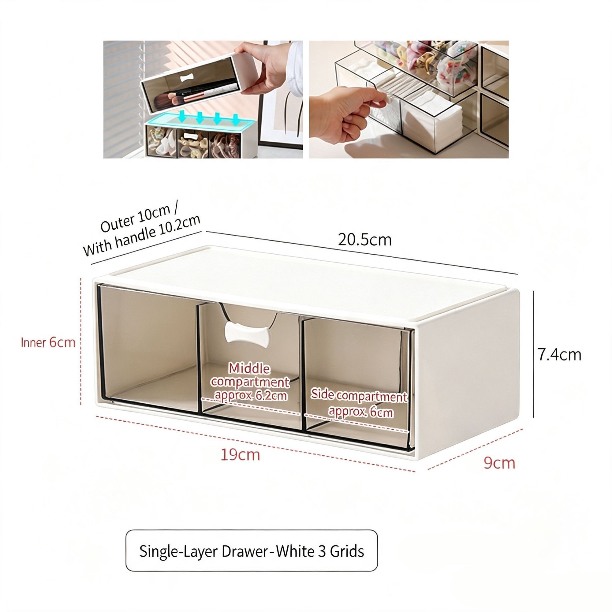 V1221-XM-LB3189-GM131-00 White 3 Grid Single Layer Drawer Organiser, Acrylic Cosmetic Storage Tray - Image 1