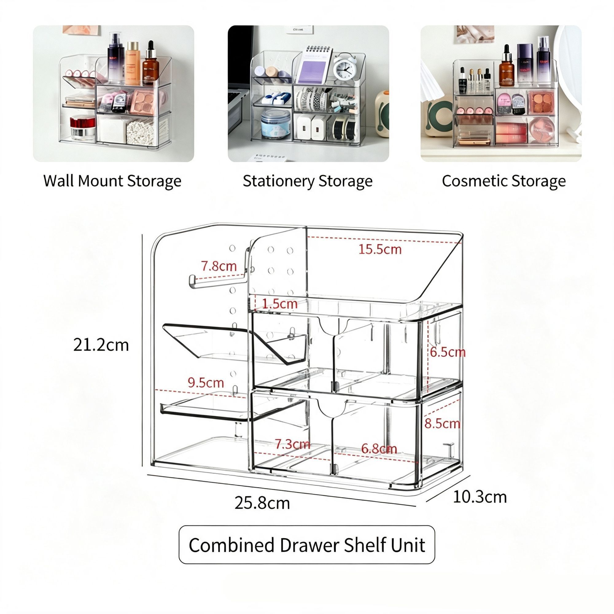 V1221-XM-LB3195-GM131-00 Combined Acrylic Storage Unit, Connected Shelf With Drawers For Dressing Table - Image 1