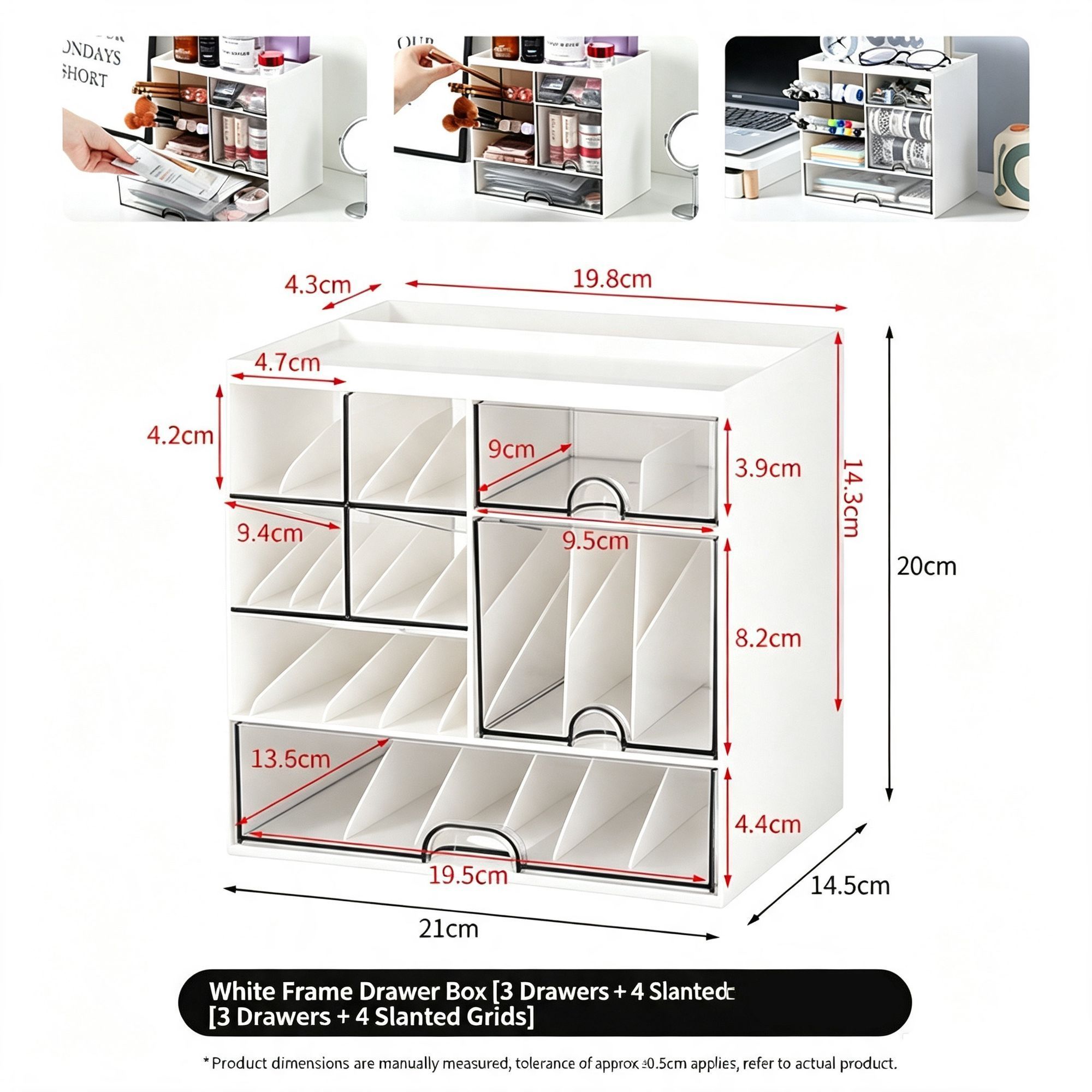 V1221-XM-LB3198-GM131-00 White Frame Drawer Organiser, 3 Drawers With Slant Grid, Multi Compartment Storage - Image 1