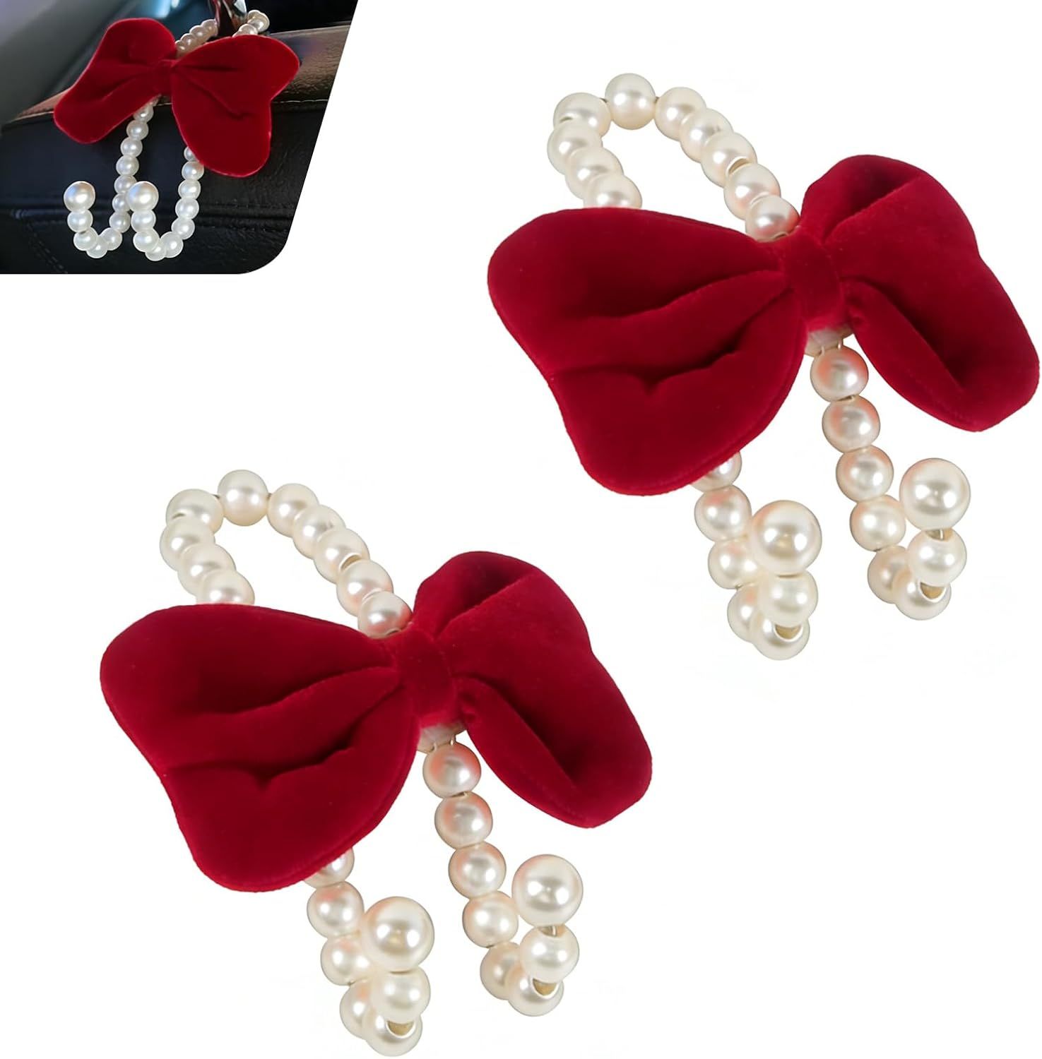 V1259-DP01-G-00172-00 2 PCS Bow Car Headrest Hooks, Fluffy Bow & Elegant Pearl Decorative Hanger, Multifunction Hanging Purse Hook & Phone Stand, Portable Front Seat Organizer for Women Girls (Red) - Image 1
