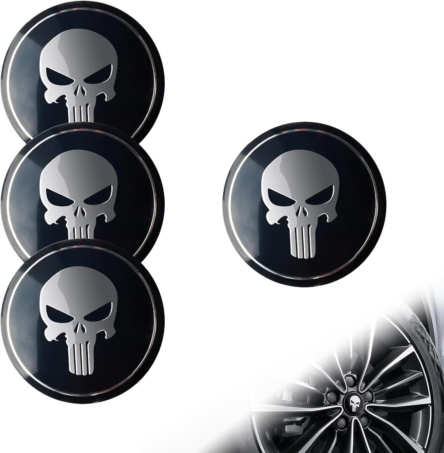 V1259-DP01-H-00246-00 4 PCS Car Wheel Center Caps, 2.24" Cool Personalized Longtooth Skull Wheel Center Hub Cap Cover, Scratch-Resistant Anti-Rust Rim Sticker Accessory, Universal for Cars Tire Trim (Black) - Image 1